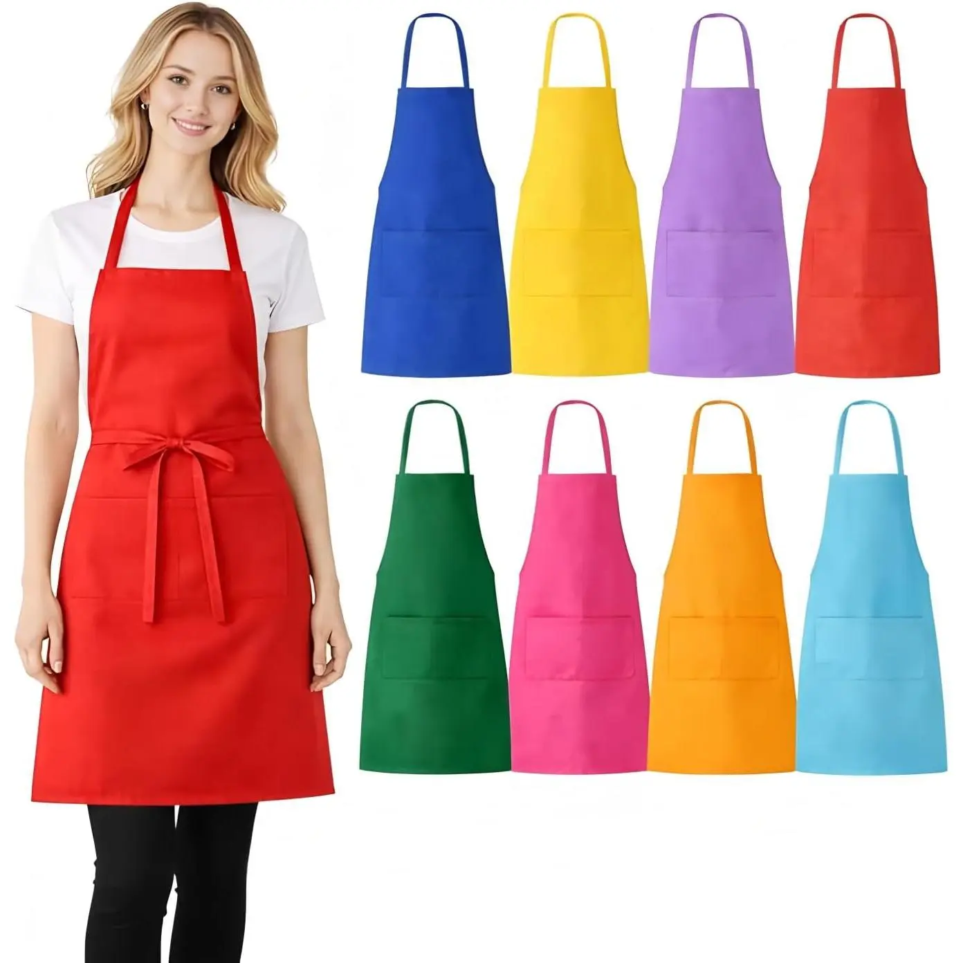 8 Pack Aprons Bulk with Pockets, Unisex Apron with Extra Long Ties for Chef, Cooking Classes, Painting, BBQ