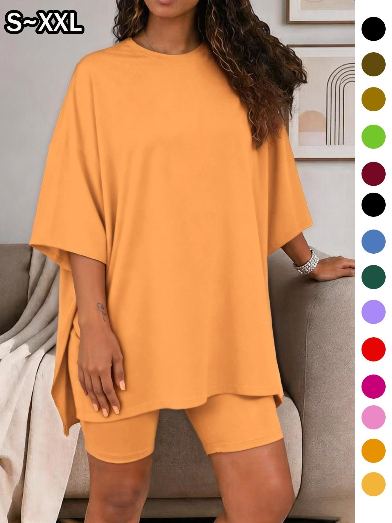 Women's Solid Color T-Shirt and Tight Shorts Set Loungewear, Summer Comfort Round Neck Pajamas, Casual Pocket Design, Suitable for Outdoor Wear