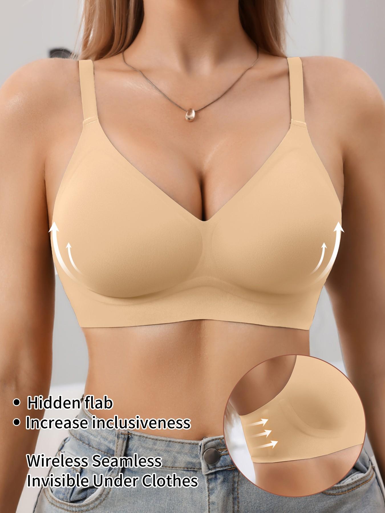 Jelly Bra Sexy V-Neck Gathered Wireless No Underwire Half Fixed Cup Pad Soft Comfort Women Daily Bra, Adjustable Strap, Medium Support, All Seasons