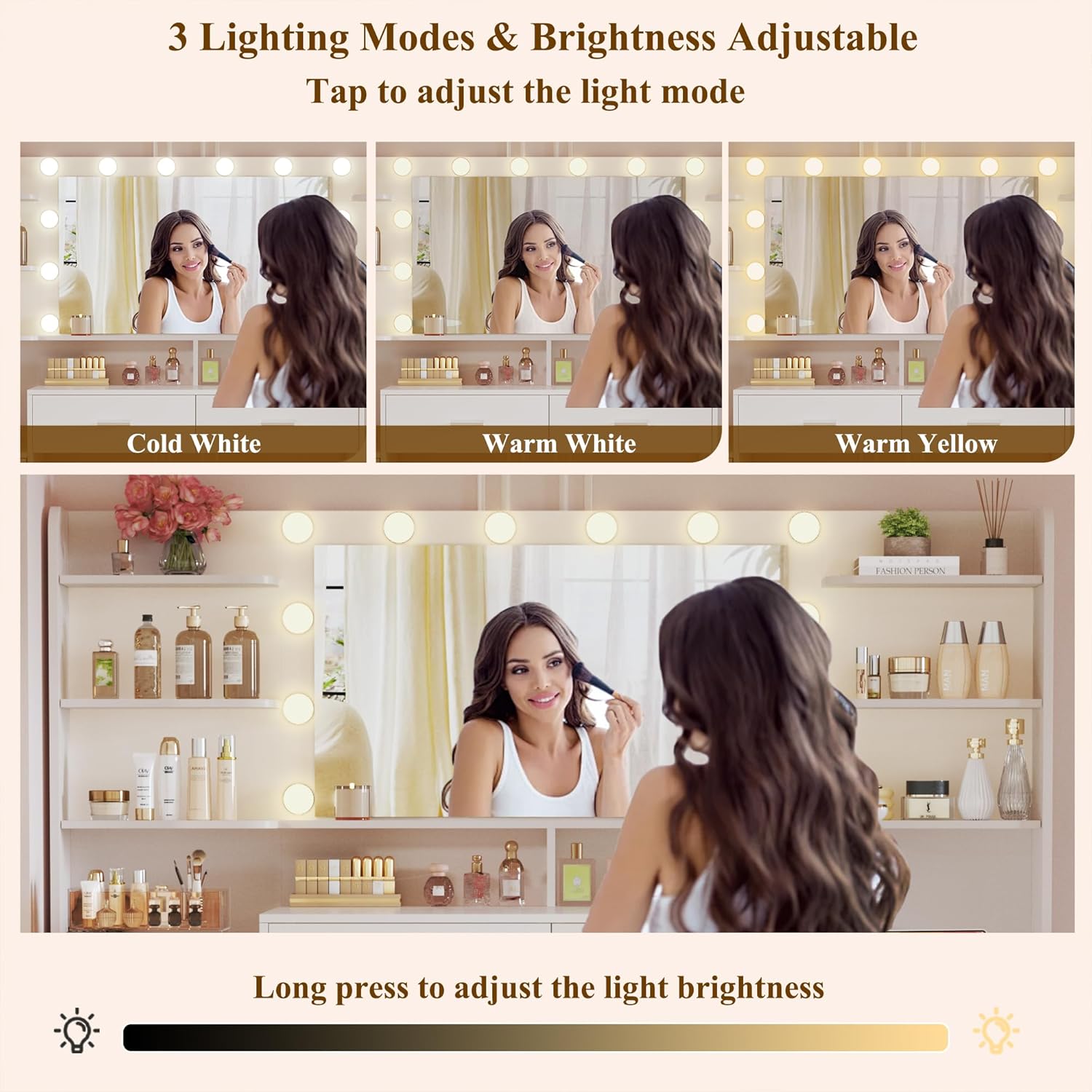 Large Vanity Desk with Mirror & Lights, White Makeup Vanity with 8 Drawers & 6 Storage Shelves, Vanity Set with LED Lights and Power Outlet, 3 Lighting Modes, Adjustable Brightness