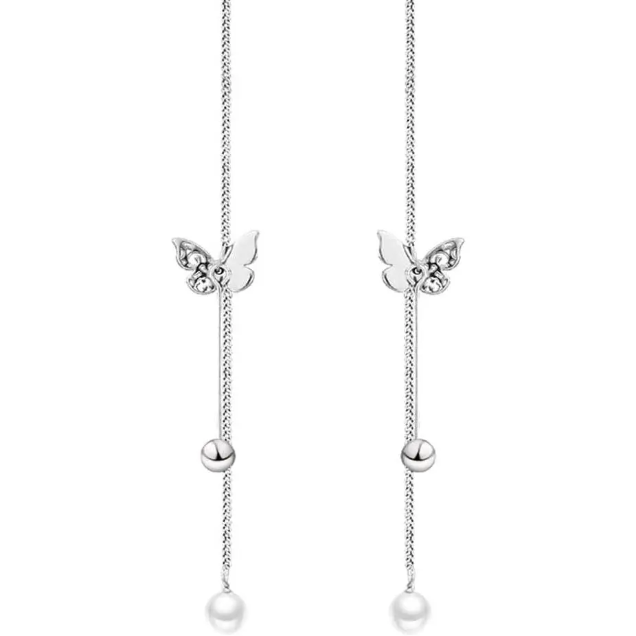 Sterling Silver Butterfly Threader Earrings Dangle Chain for Women Teens Pearl Long Dangle Earrings Tassel