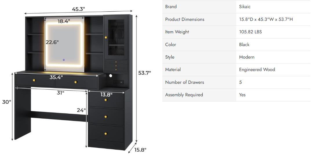 Sikaic  LED Makeup Vanity with Charging Station Jewelry Box Sliding Mirror Drawers Black Vanity Desk with Adjustable Lights