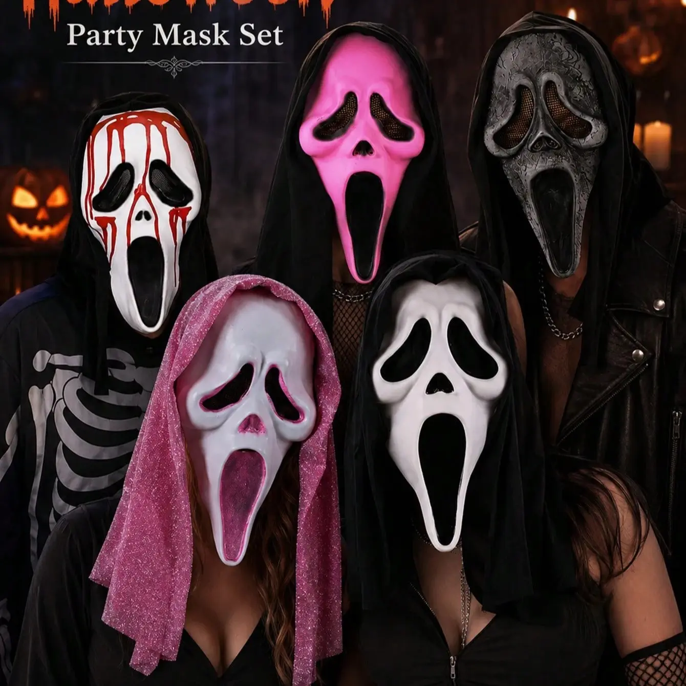Halloween Ghost Face Hooded Mask Set, Bloody Vampire Scream Horror Cosplay Accessories, Perfect for Halloween, Birthday, Carnival, Costume Party