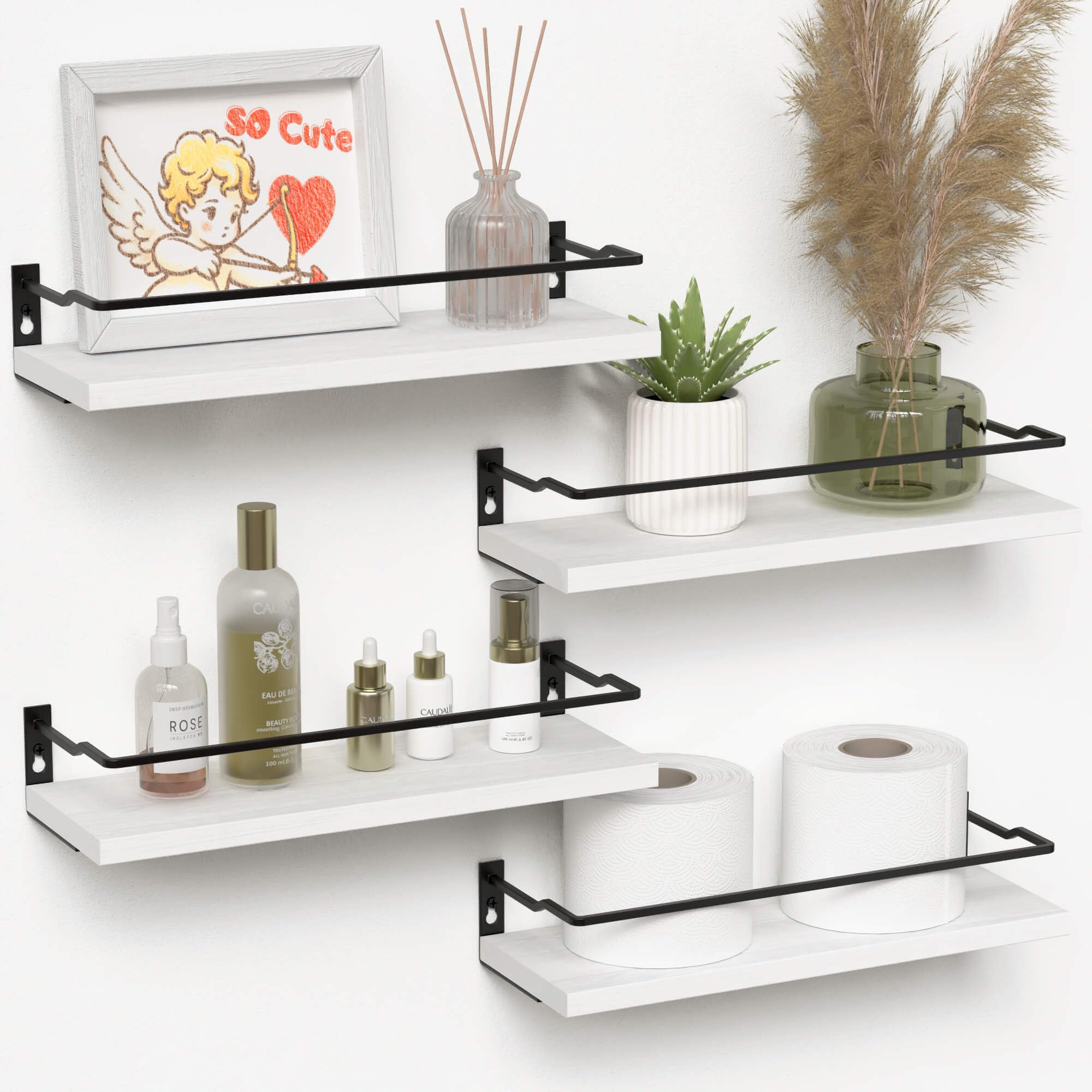 Bathroom Floating Shelves with Guardrail, Set of 4 Wall Mounted Small Storage Bathroom Shelves, Rustic Bathroom Shelves Over Toilet, Wall Shelves for Kitchen Living Room Bedroom - Black- Carbonized Black-White