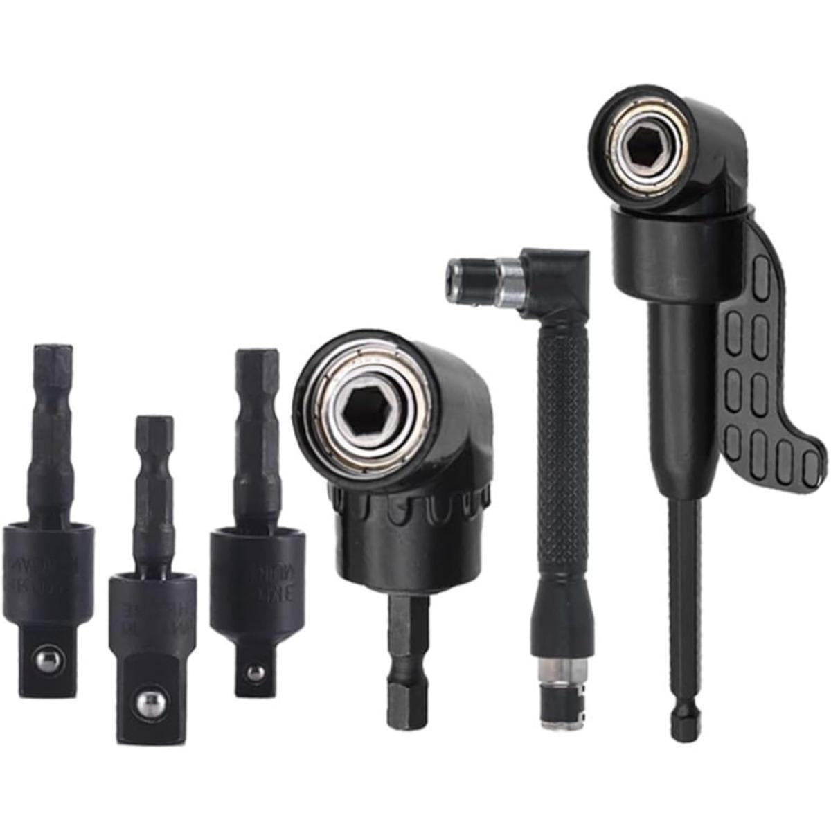 6-piece Angle Drill Bit Accessory and Right-angle Drill Bit Adapter Set - Includes 3 Rotatable 360° 1/4, 3/8, and 1/2 Inch Impact Grade Socket Adapters + 2 105° Hexagonal Shank and 90° Inclined Drill Bits