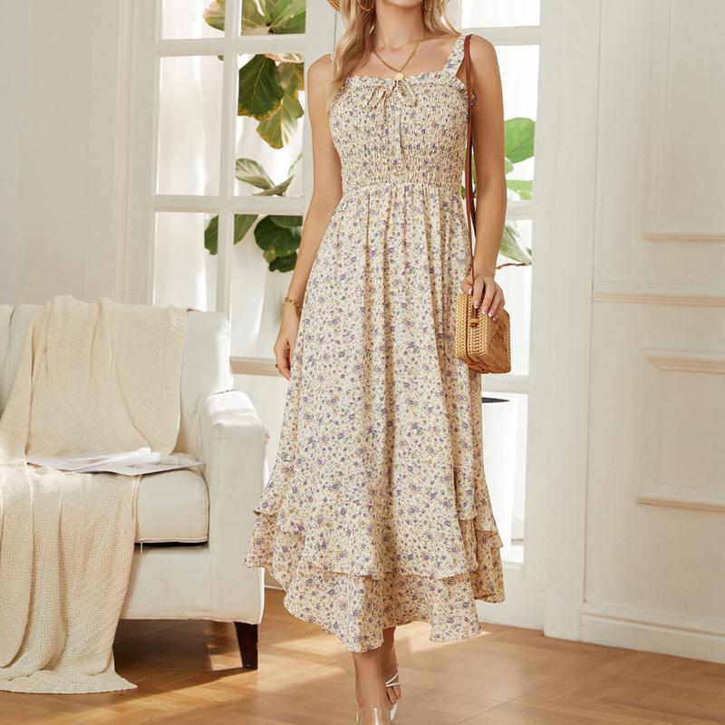 GRACE KARIN Women's 2025 Summer Floral Boho Dress Square Neck Strapped Swing A Line Sundress Beach Long Maxi Outfits