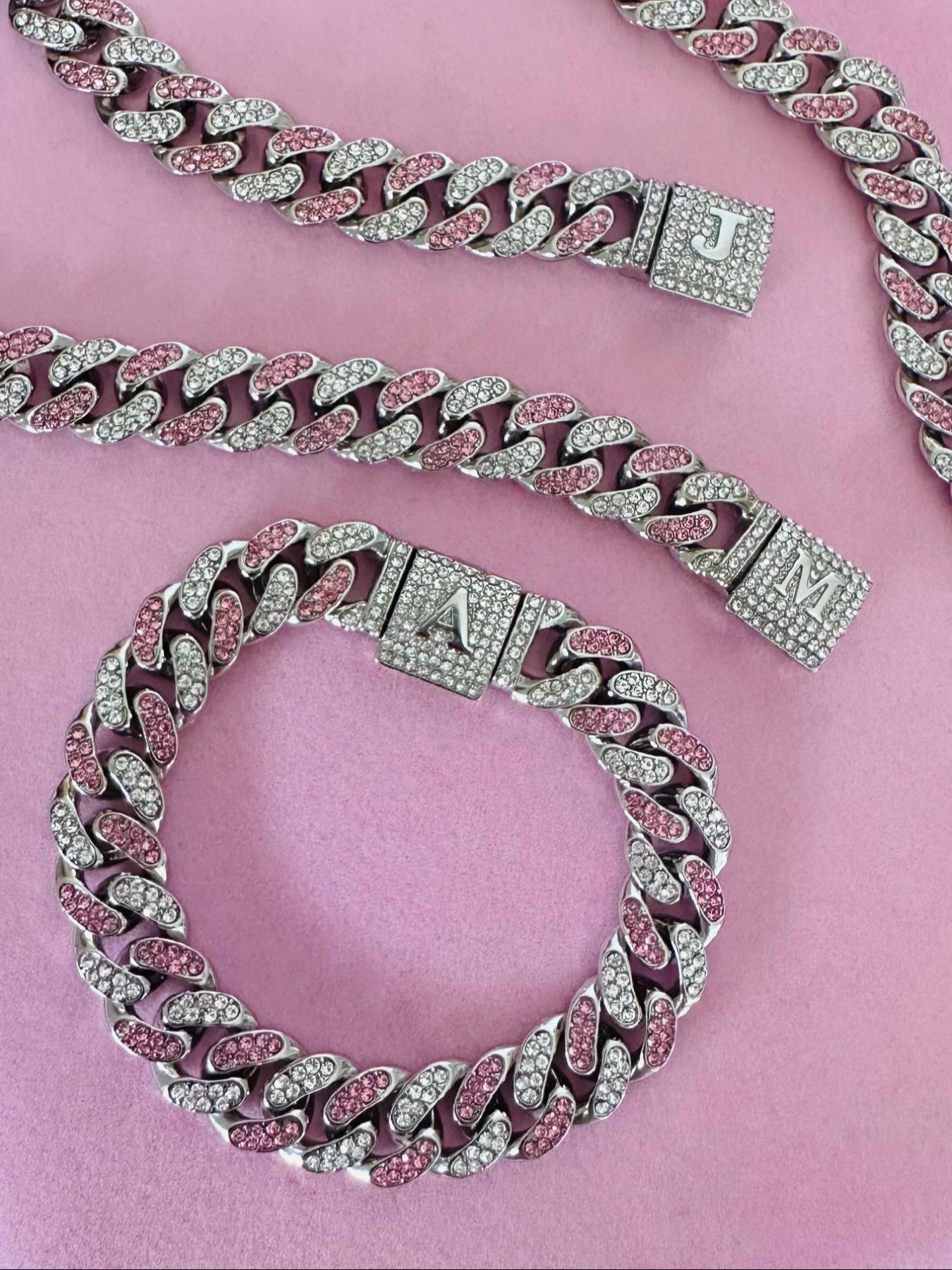 Unisex Street Style Letter Design Cuban Link Chain Bracelet & Necklace, Rhinestone Decorated Fashionable Jewelry Set, Fashion Accessories for Party, Daily Decor for Boy