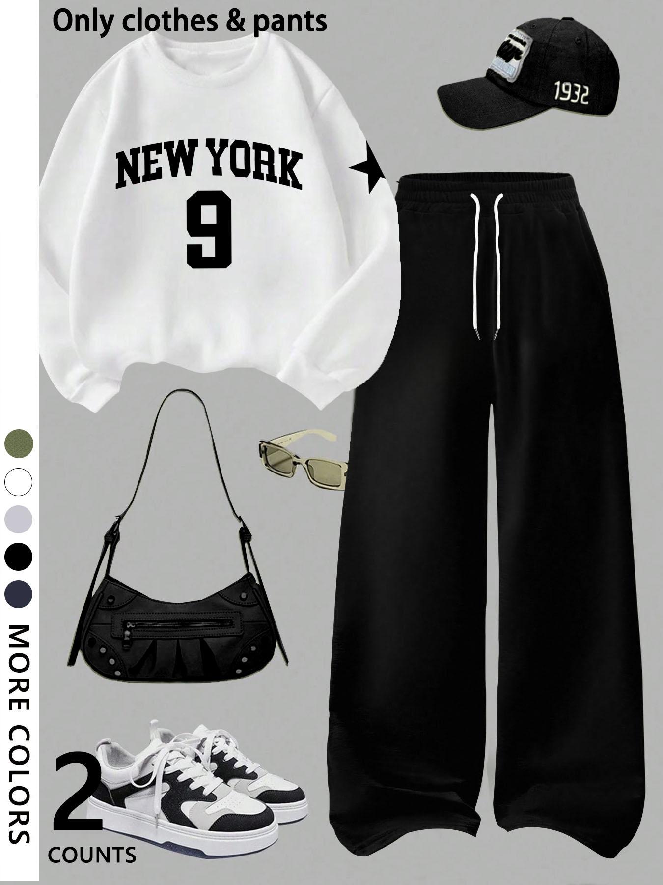 Girls' casual cool Graphic pattern print round neck pullover sweatshirt top and loose casual wide-leg pants, military green fashion dress, suitable for daily and going out Girls' casual cool Graphic pattern print round neck pullover sweatshirt top and loose casual wide-leg pants, military green fashion dress, suitable for daily and going out