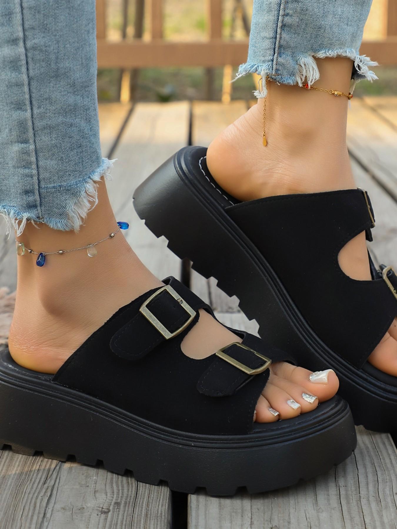 Comfortable Thick Sole Buckle New Platform Shoes, Versatile Height-Boosting Sandals, Dual Buckles, Outdoor Party Footwear