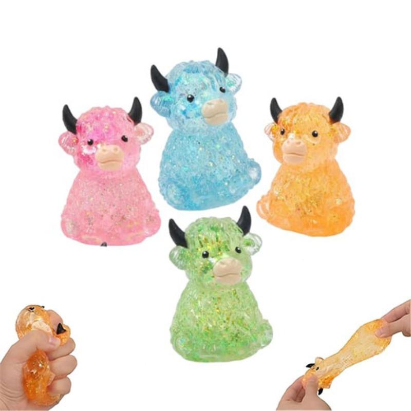 1/2/4 PCS Glitter Highland Cow Squishy Fidget Toy Soft Slow Rising Stress Relief Ball Sparkly Squeeze Sensory Toy For Teens Adults Cow Lovers Desk Relaxation Party Favor