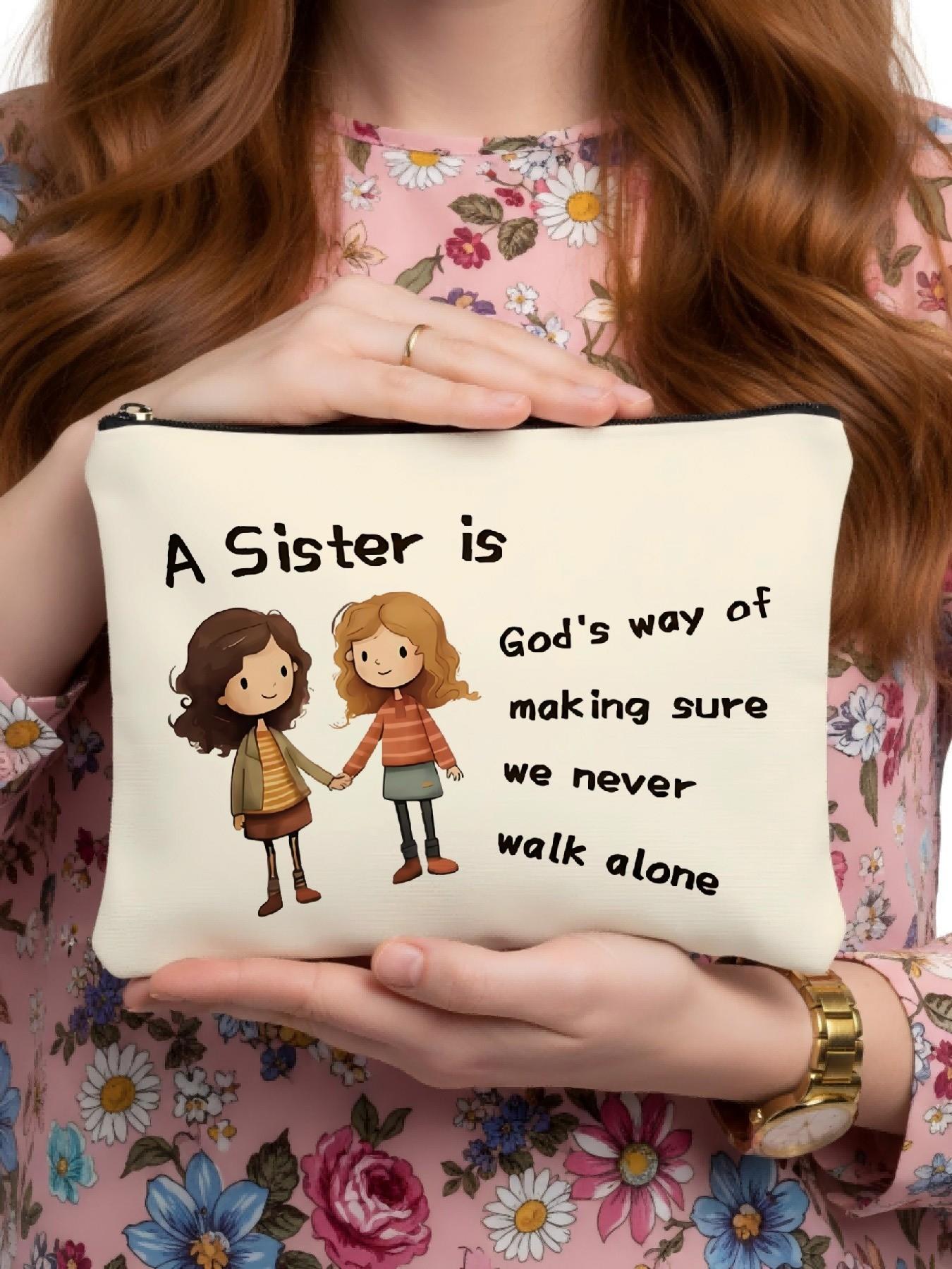 Warm Friend Theme Canvas Makeup Bag, Cartoon Sister Illustration, Zipper, Durable Fabric, Ideal for Daily Use and Travel Gifts