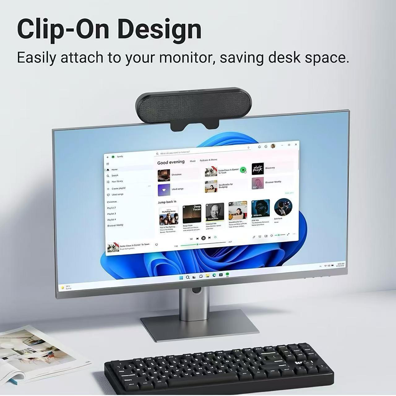Computer speaker, monitor speaker, stereoscopic sound effect, adjustable volume, easy to clip onto the monitor without taking up space, wired audio, portable speaker, suitable for laptops, games, homes, conferences, desktops