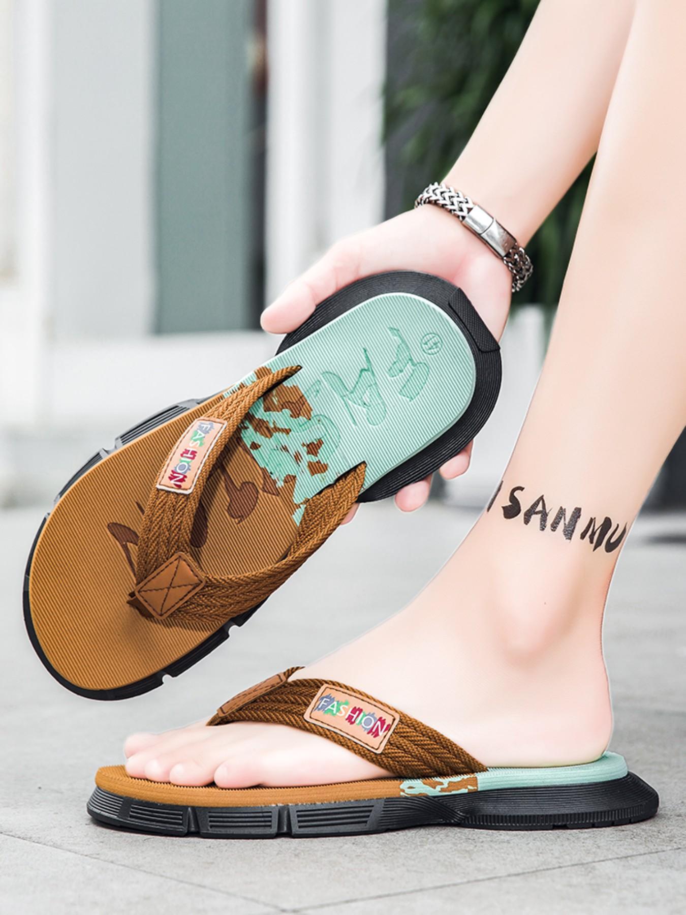 Men's Outdoor Hiking Durable Sandals, Thick Sole Height Boost, Anti-Slip Wear-Resistant, Trendy Casual Beach Slippers, Colorblock Design