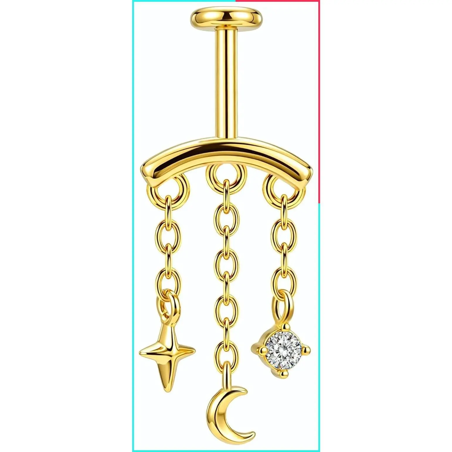 16G 6mm Threadless Hidden Helix Earring for Upper Cartilage, 316L Stainless Steel Star and Moon Vertical Chain Dangle, 1.2mm x 6mm Flat Back Labret
