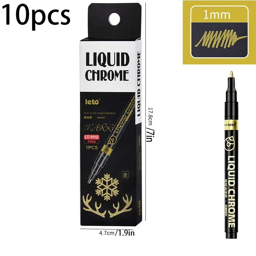 10-Pack Letuo Marker Pens, 1mm Chrome Paint Brushes, DIY High-Gloss Electroplating Pens, Model Reflective Metal Mirror Touch-Up Kit