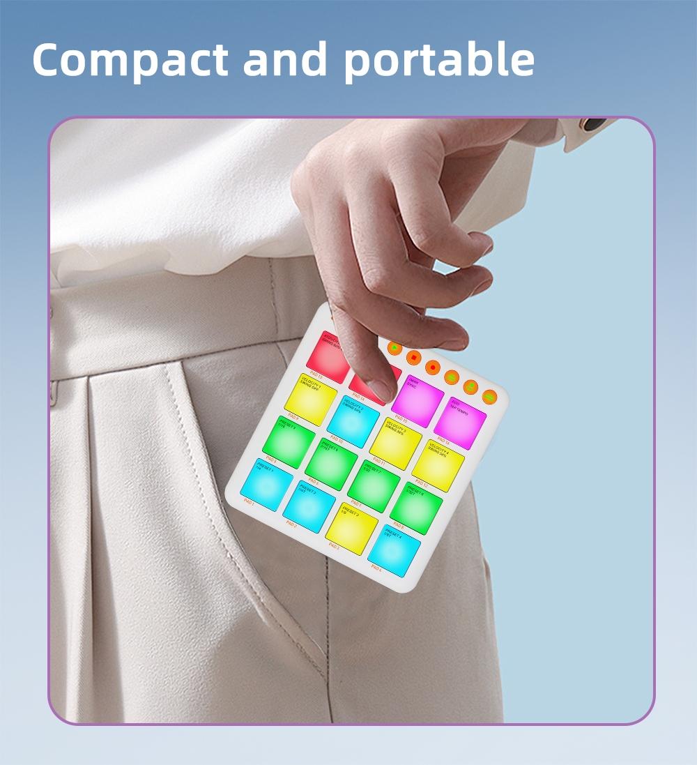 JAMJUM JP-Mini Midi Drum Pad with RGB Backlight, Pocket Size Rechargeable Controller Pad, Percussion Instrument, Drum Practice Pad, APP Compatible, Ideal for Beginners