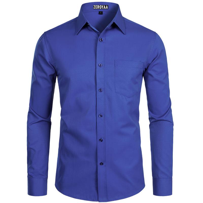 Zeroyaa Men's Long Sleeve Button Up Shirts Solid Slim Fit Casual Business Formal Dress Shirt with Pocket Menswear Korean summer outfits men funny shirts