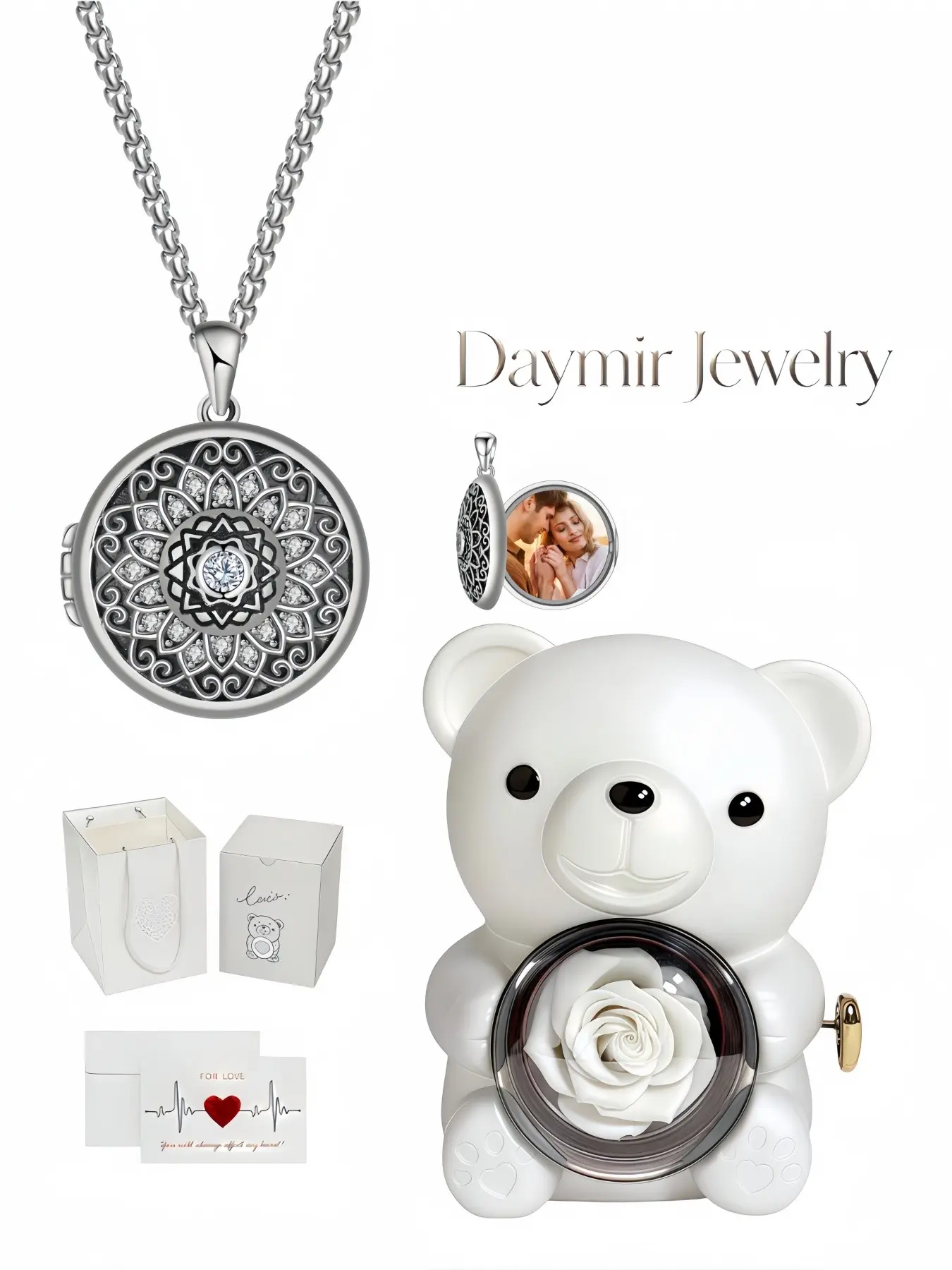 This handmade‑DIY mandala photo locket necklace features glamorous full‑set diamonds. It comes with a rotating rose‑bear jewelry box, your mysterious gift for dates, anniversaries, birthdays and Christmas holidays.