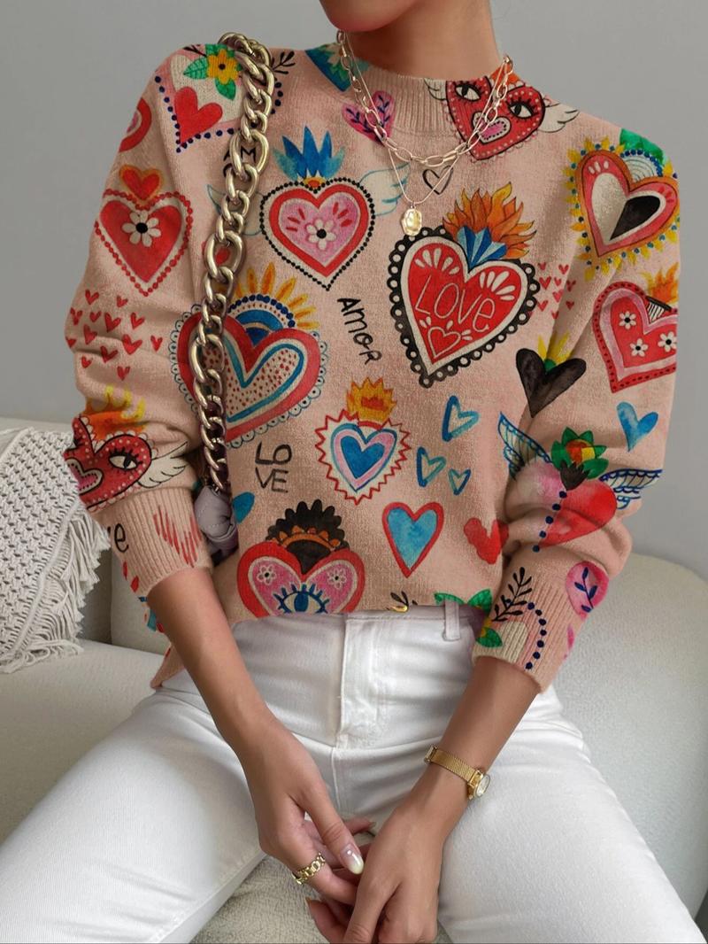 Women's Knitted Sweater, Cartoon Heart Print Design, Casual & Elegant Style, Perfect for Daily Wear, Holiday, Valentine Gift Idea