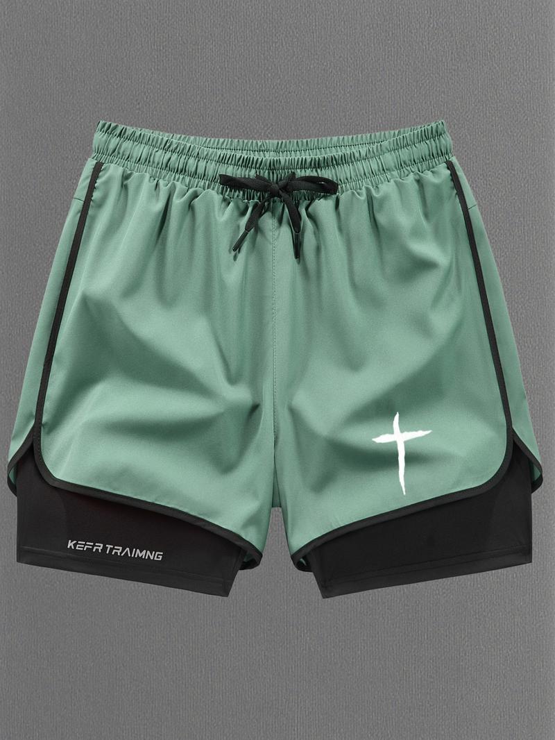 Men Women Regular Fit 2-In-1 Drawstring Waist Sport Shorts, Summer Pocket Print Casual Half Yoga Exercise Shorts, Fashionable Daily Wear