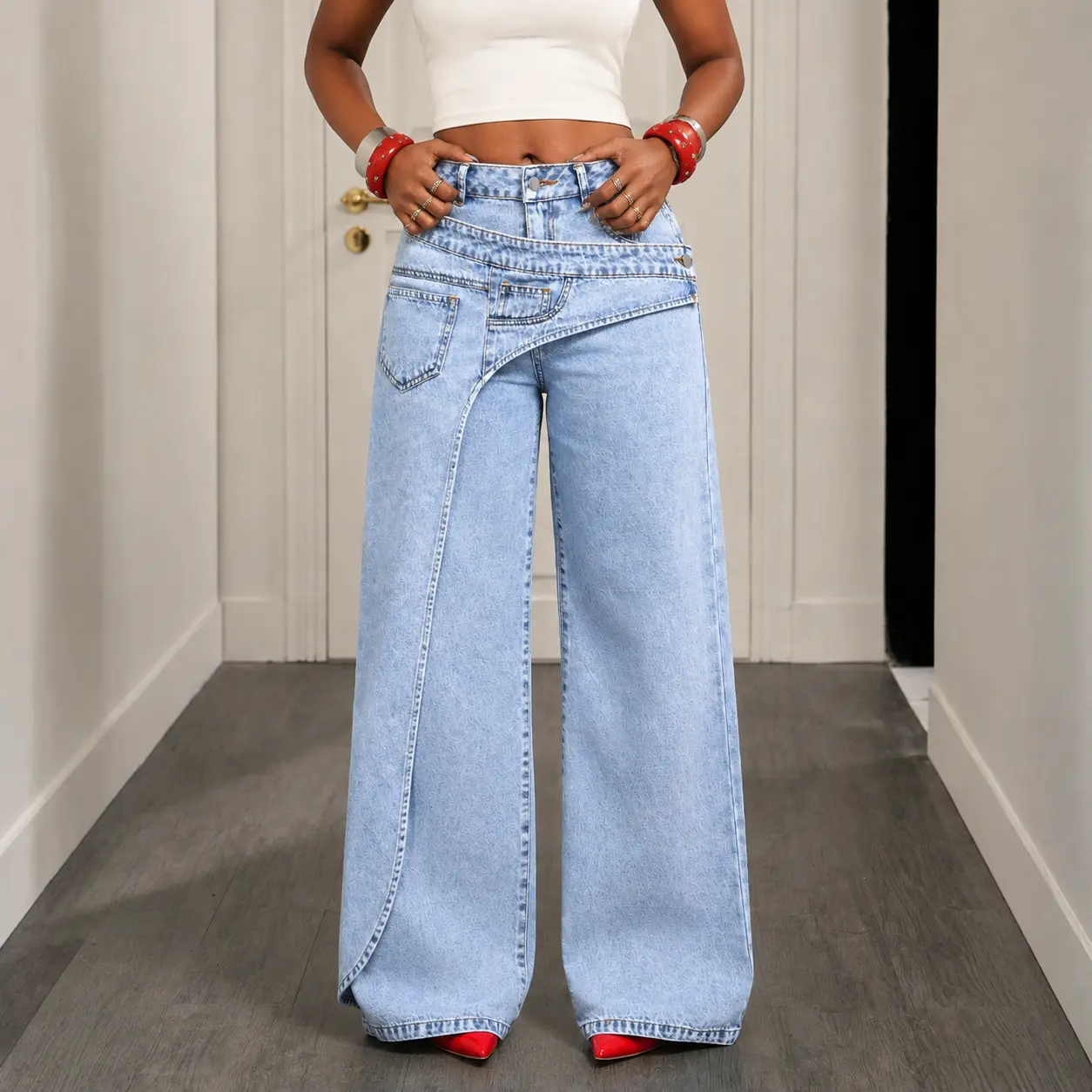 Women's Wide Leg Jeans, Loose Fit Baggy Denim Pants, Trendy Asymmetrical Detail, Casual Streetwear Jeans for Women, Y2K Inspired Everyday Outfit, Comfortable Long Pants for Spring Summer Fall Winter