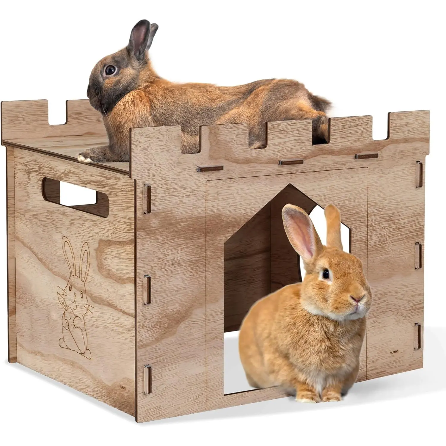 Large Sturdy Wooden Bunny House with Spacious Balcony, Detachable Playhouse Hideout Castle Tower Toy for Indoor Rabbits, Guinea Pigs, Hamsters, Chinchillas, Gerbils