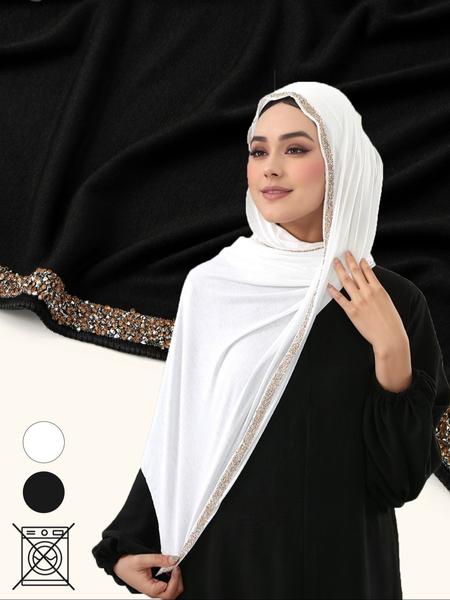 Women's Fashion Plain Hijab Scarf with Rhinestones, Soft Muslim Headscarf, Multifunctional Sun Protection Shawl, All Season Wear, Turban Hijab
