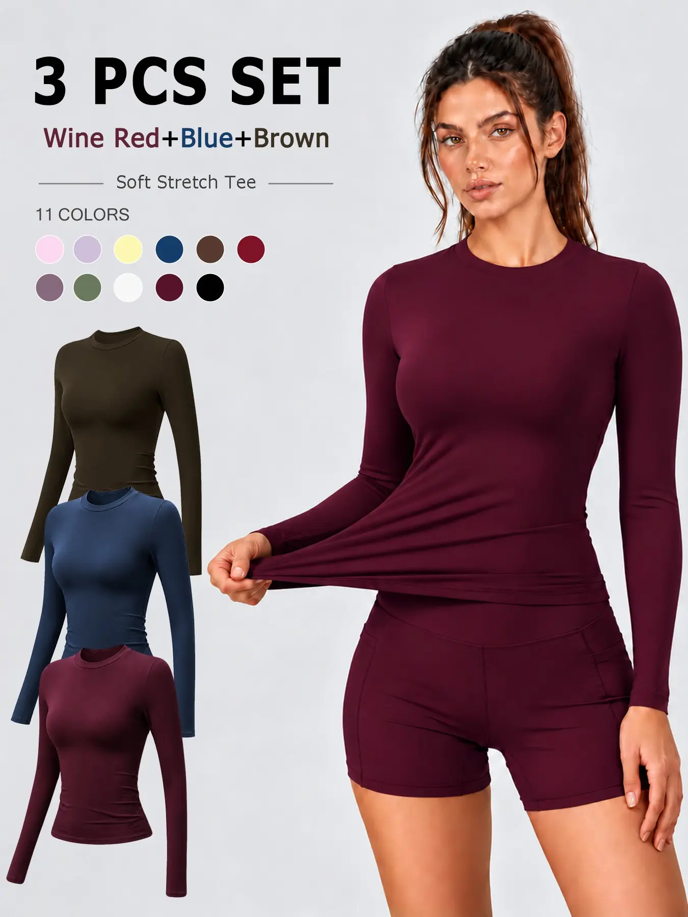 Women’s 3 Pack Long Sleeve Workout Tops, Soft Stretch Crew Neck Yoga Shirts, Slim Fit Breathable Gym Tops for Pilates Running Cycling, Comfortable All Season Casual Activewear, Round Neck Sportswear