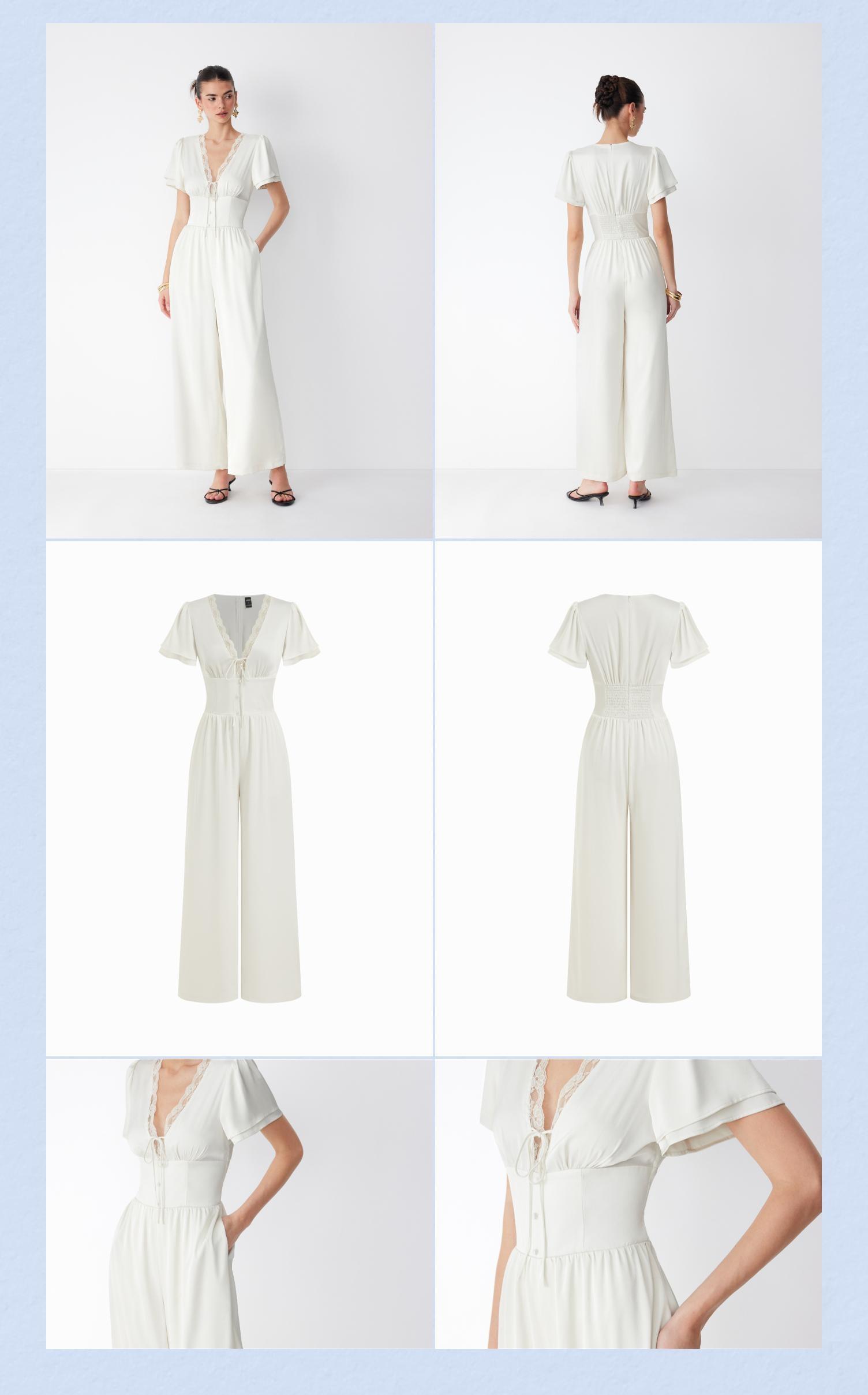 Cider Satin V-neck Ruffle Sleeve Lace Trim Mid Rise Wide Leg Jumpsuit