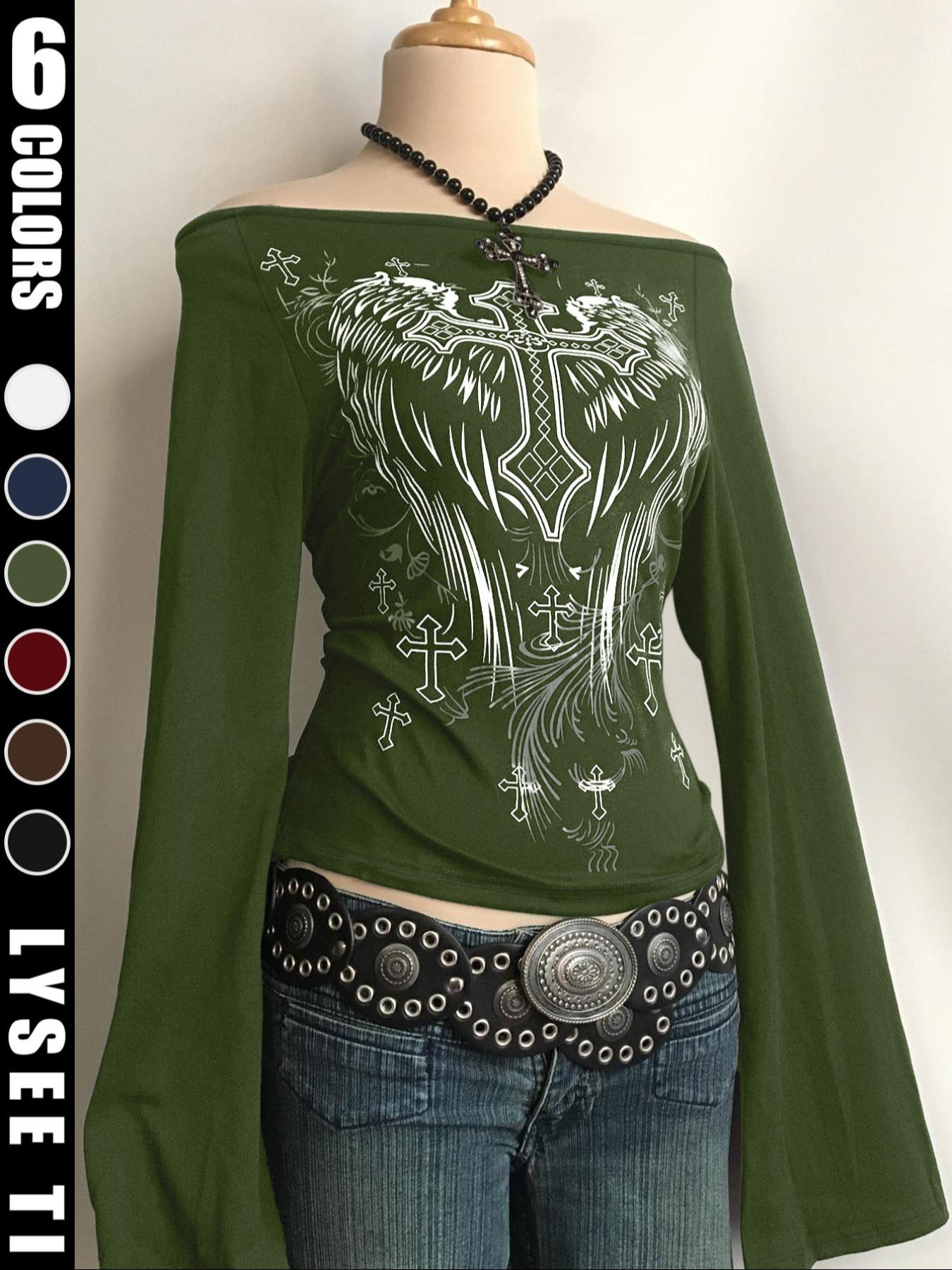 Fashion Casual Y2K Women's Cross Print One-Shoulder Flare Sleeve Top, Halloween Style, Fitted Design, Fall & Winter Wear, Aesthetic