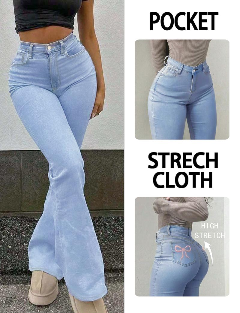 Women's High Waisted Flare Jeans, Casual Button Front Pockets Design, Fashion Versatile Pants for All Seasons, Kardashian Style