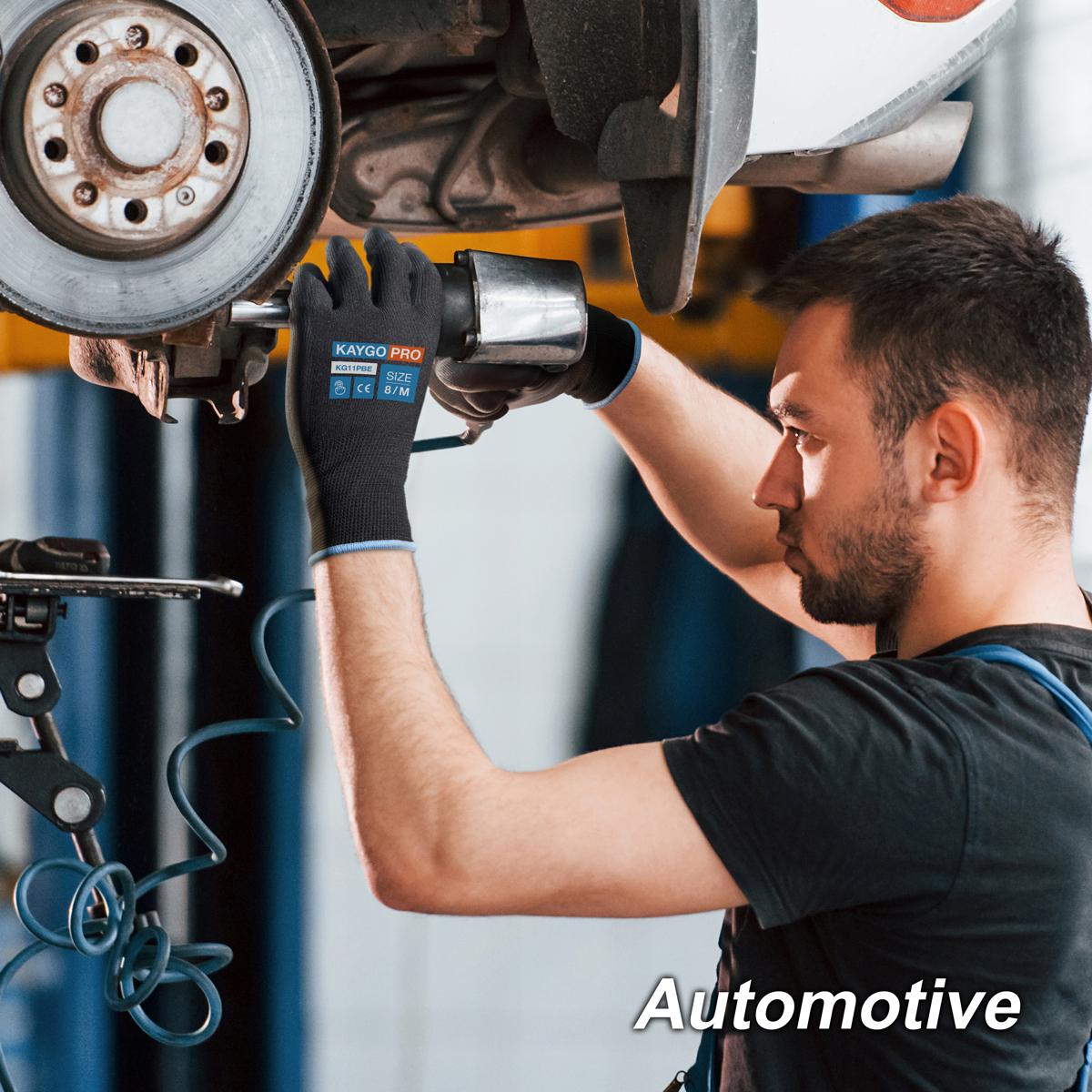 Outdoor Activity Gloves. KAYGO Safety Work Gloves PU Coated for Men and Women- KG11PB,12 Pairs,Seamless Knit Glove with Two Fingers Touchscreen,Ideal for General Duty Work (Large,Black)