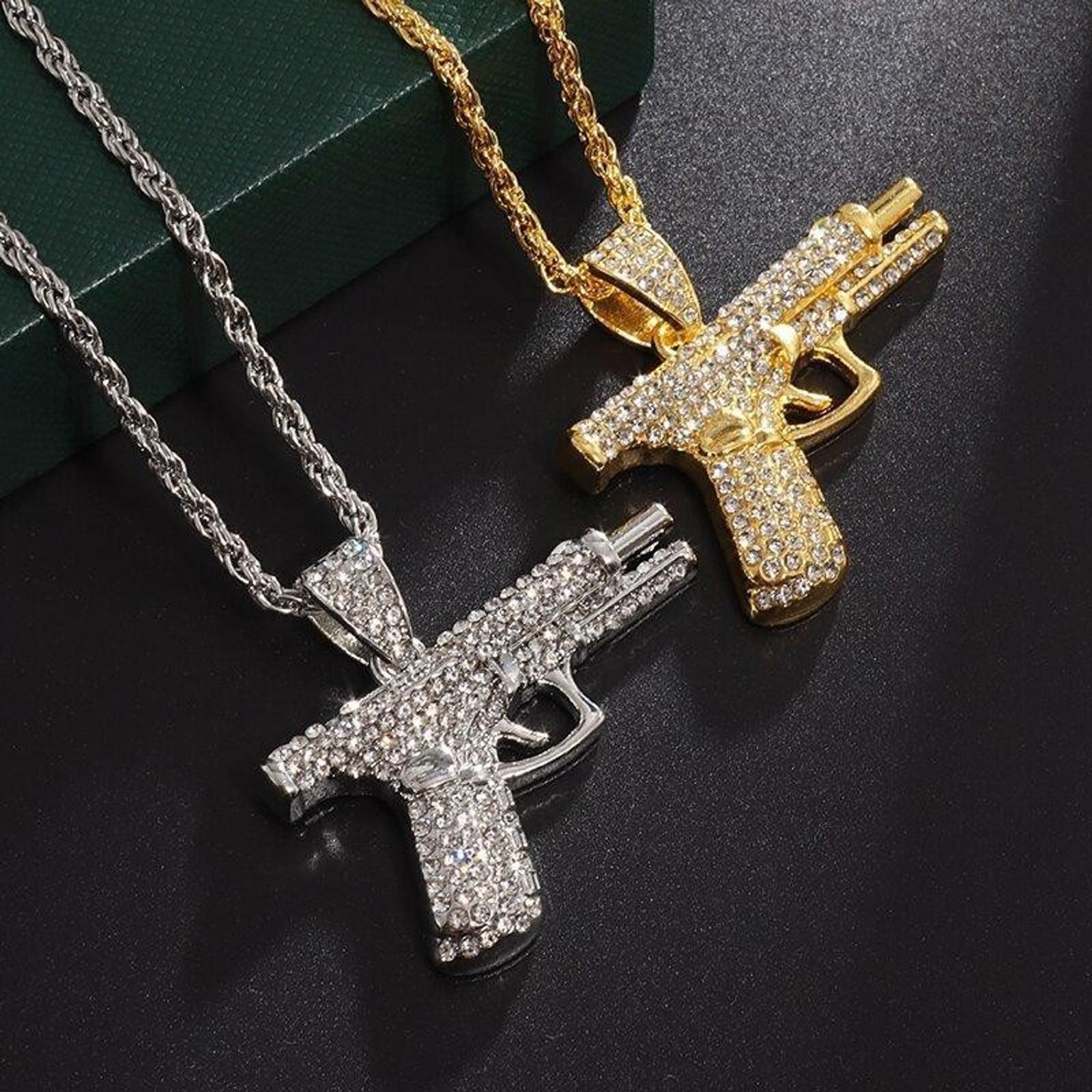 Men's Iced Out Cuban Link Chain with Rhinestone Pistol Pendant, Hip Hop Bling Necklace for Daily Casual Wear