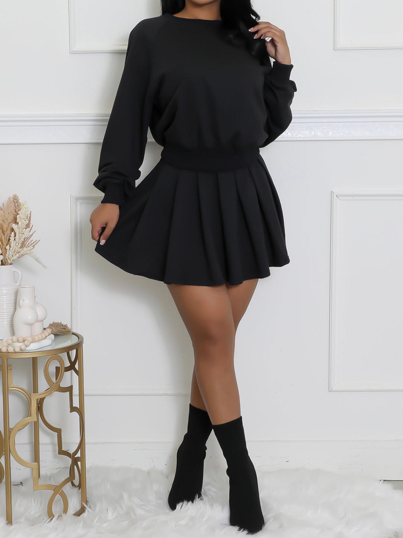 Women's Fashion Casual Set, Autumn Winter New Style Hoodie Long Sleeve Pullover Top and Pleated Mini Skirt