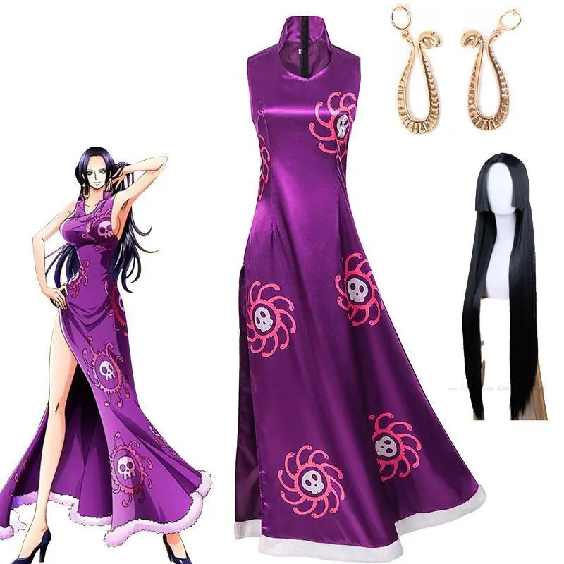 Anime Boa Hancock Cosplay Costume Warlords of The Sea Empire Purple Printing Chi-pao Dress Woman Sexy Carnival Halloween Suit