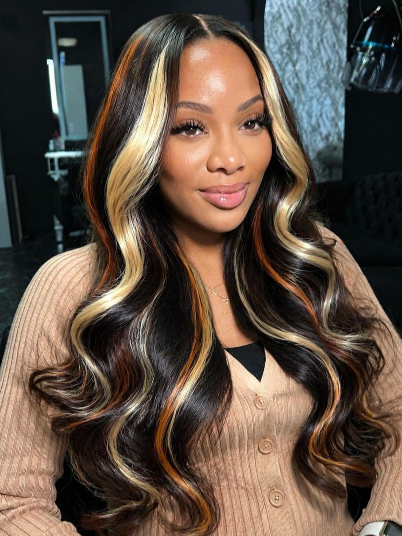 26 Inch Black with Orange Gold Highlights Body Wave Lace Front Wig Heat Resistant Synthetic Hair Glueless Natural Hairline for Daily & Party Wear Synthetic Glueless Wigs