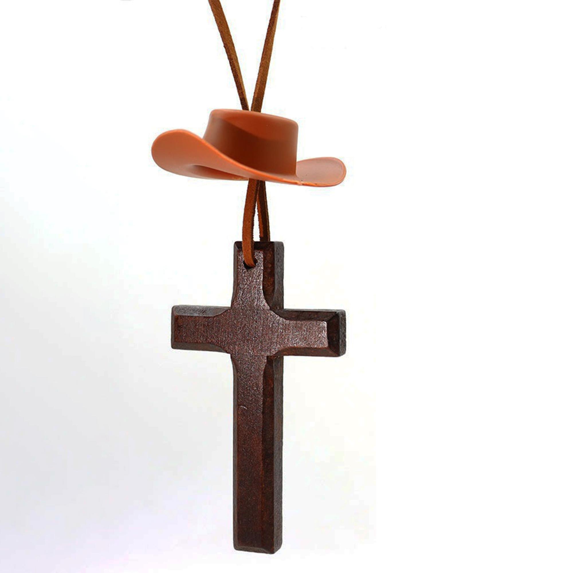 1pc Cowboy Hat with Cross Car Hanging Ornament, Plastic Mini Hat & Wooden Cross Rearview Mirror Decor, Western Christian Faith Car Interior Decor, Country Auto Pendant Gift for Men Women Truck Drivers