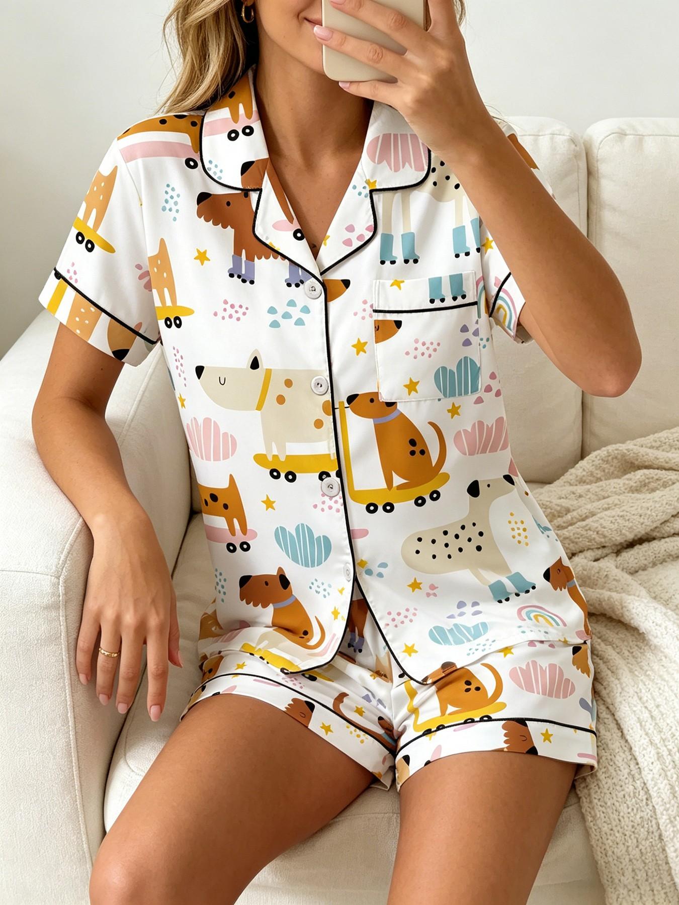 Women's Short Sleeve Button Down Top and Shorts Pajama Set, Spring Summer Wear, For Unique Style Lovers, White Base One Of A Kind Print, Classic Lapel Collar, Loose Fit, Comfortable For Home & Gatherings