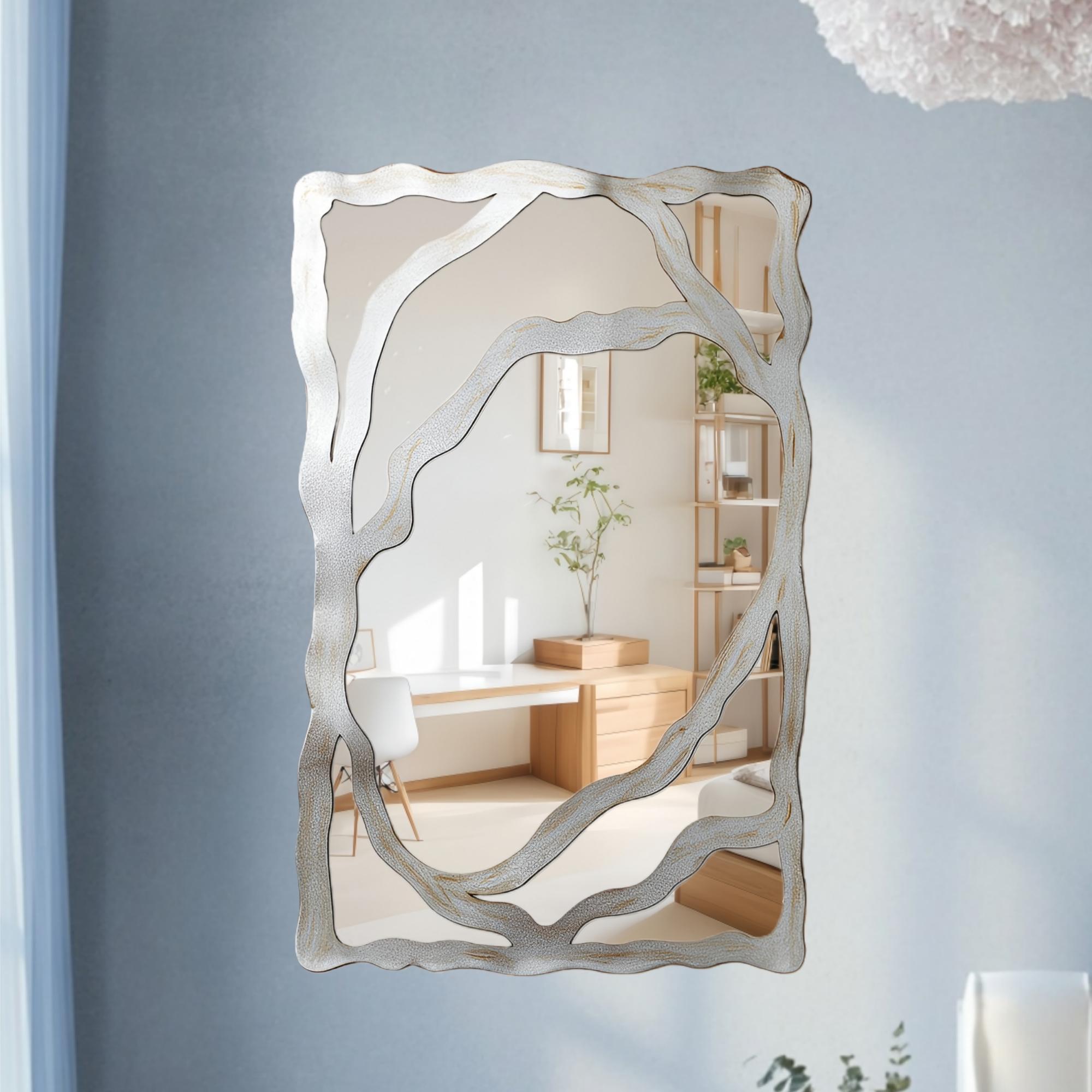 1pc, Modern classic silver rectangular shaped wall mirror decoration, made of acrylic material, non perforated self-adhesive wall mirror - irregular asymmetric shape, suitable for bedroom, foyer, bathroom, and home decoration, Home Decorative Mirror