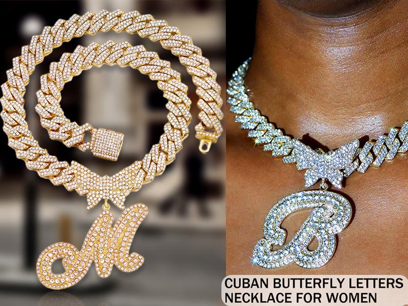 Cuban Link Chain for Women Cursive Silver Initial 14MM Diamond Prong Cuban Chain Hip Hop Iced Out Chain Necklace Butterfly Initial Letter Name Necklaces for Women