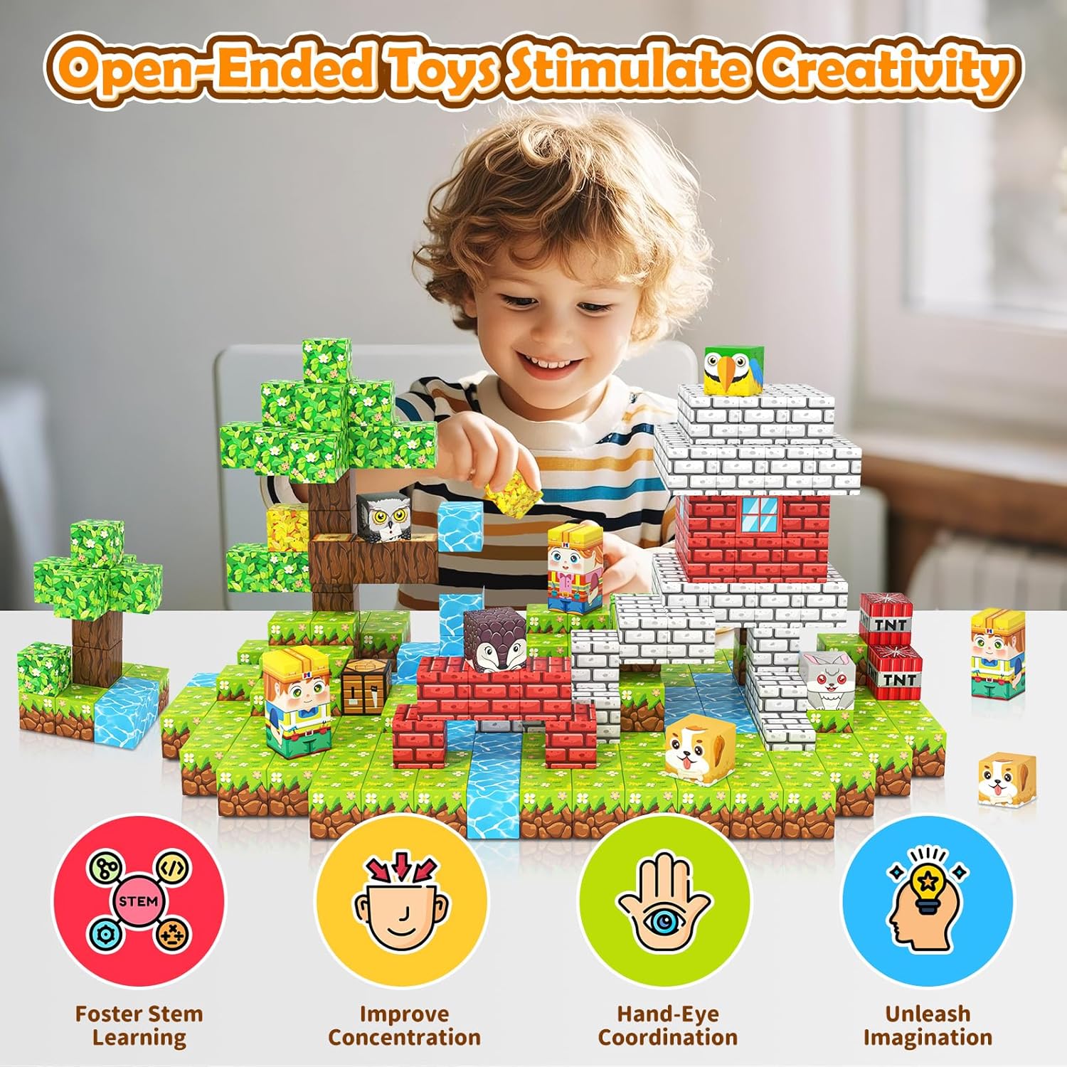 Magnetic Building Blocks-150PCS with Drawstring Bag STEM Montessori Children Sensory Toys Build Mine Magnet World Gift Set