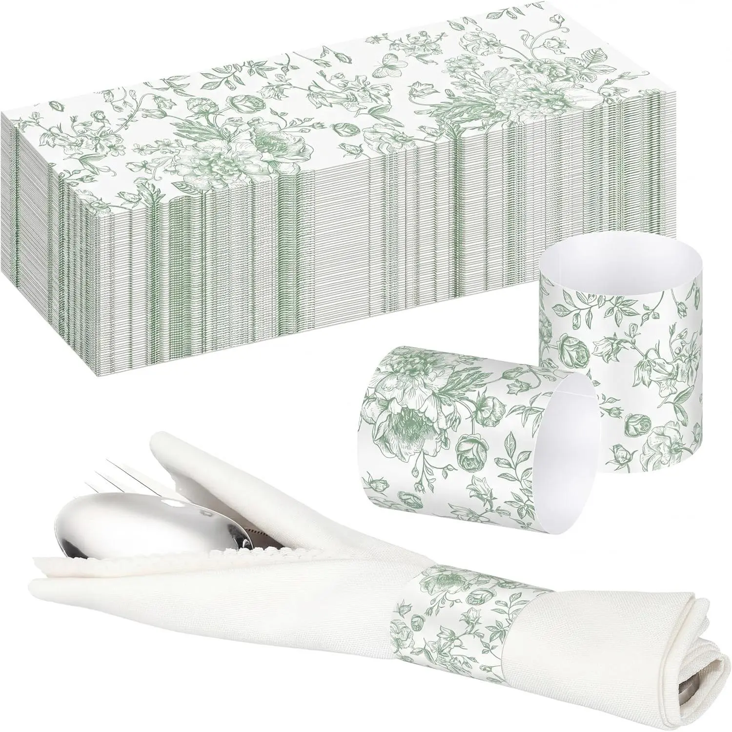 300 Pcs Sage Green Floral Self Adhesive Silverware Wrap Band Paper