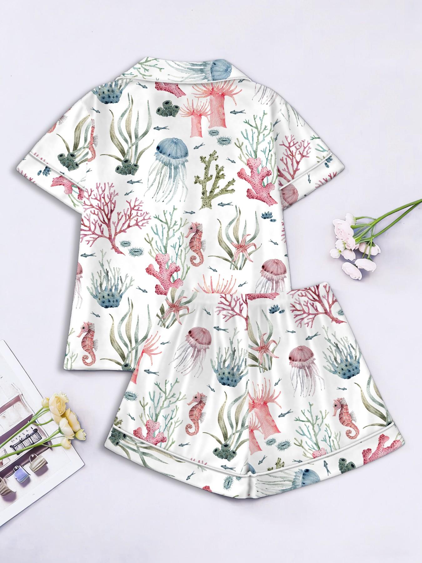 Women's Short Sleeve Button Down Top and Shorts Pajama Set, Spring Summer Wear, For American Retro Vacation Girls, White Base Vintage Ocean Print, Classic Lapel Collar, Loose Straight Fit, Comfortable For Home & Outings