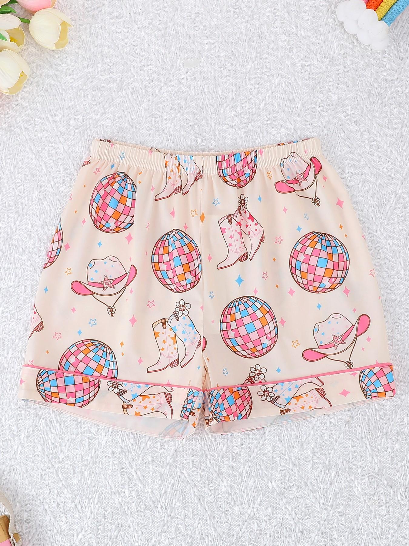 2-Piece Kids' Fire-Resistant Pajama Set, Short Sleeve Button Front, Cartoon Pattern, Loose-Fit, All Seasons, Boys & Girls