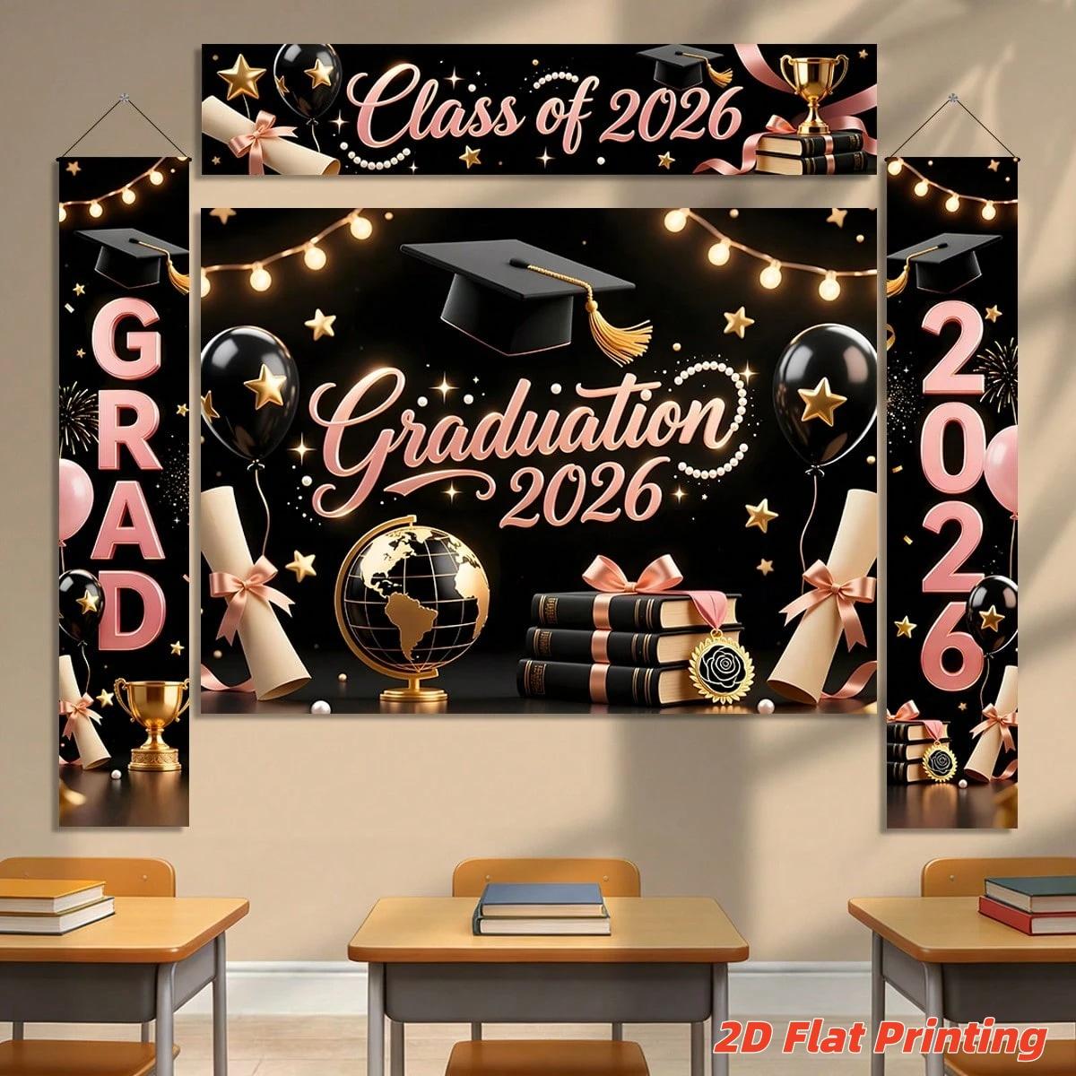 2D Flat Class of 2026 Graduation Decoration Set 1 piece banner + 3 piece door curtain set Polyester material Pink gold bachelor's hat balloon graduation banner 2026 graduation ceremony party photo hanging cloth Campus graduation season atmosphere decorati