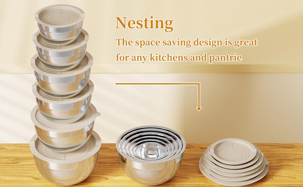 6 Piece Mixing Bowls with Lids Set, Stainless Steel Nesting Storage Bowls for Kitchen, with 3 Grater Attachments & Non-Slip Bottoms, Size 5.5,3.5,2.5,2.1,1.5,1.1 QT  Home Tableware