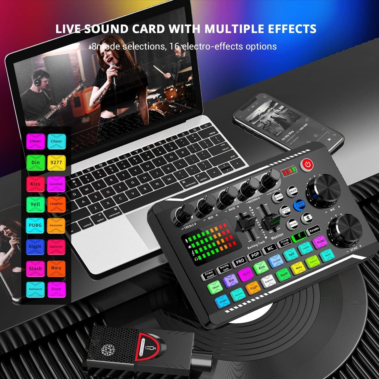 Wireless Bluetooth-compatible Dj Sound Card Device, RGB Color Buttons, Bm-800 Microphone Set, PC Phone Karaoke Party Live Streaming, Live Audio Mixer, Audio Mixer for PC