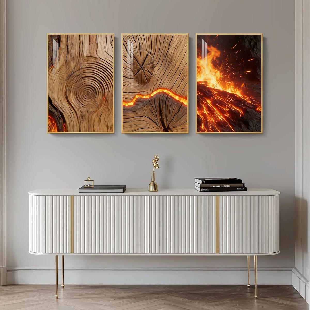 3 Counts Aluminum Alloy Framed Painting, Burning Wood Texture And Flowing Lava Art Pictures, Home Decoration For Living Room, Bedroom, Office, Restaurant, Hallway Wall Decor, Odorless Print Artwork, Luxury Perfect Gift For Friends And Family