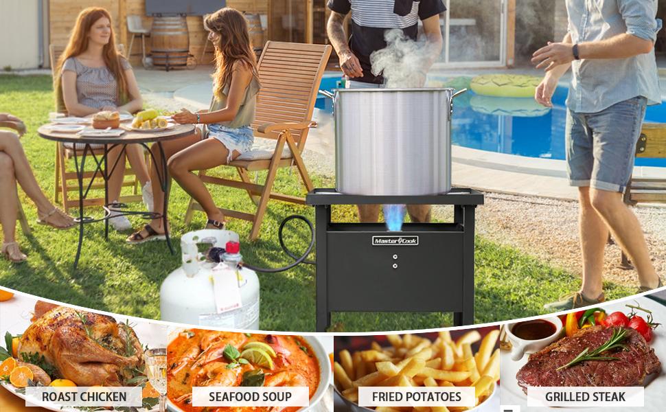 MASTER COOK 70000 BTU Propane Burner, Outdoor Camp Stove Adjustable 0-5 Psi Regulator with 1-Meter Safety Hose, Suitable for Camping, Backyard and Picnic, Stainless Steel