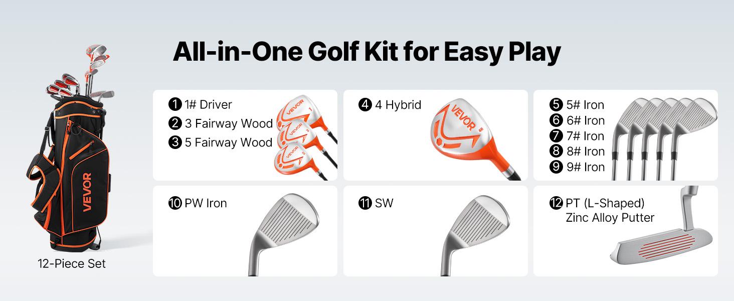 VEVOR Golf Club Set, 12 Pieces Women's Golf Club Complete Set Right Handed with 460CC #1 Driver, #3 5 Fairway Wood, #4 Hybrid, #5/#6/#7/#8/#9/#PW/#SW Irons, L-Shaped Putter, Golf Stand Bag, Orange